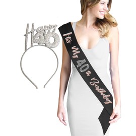 40th Birthday Gifts for Her - SET OF 2: Silver Sparkle Rhinestone It's My 40th Birthday Black Satin Sash & Silver Sparkle Happy 40 Headband - Set(Hpy40 ItsMy) SlvBlk