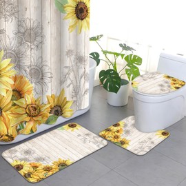 Aprophic Bathroom Sets with Shower Curtain and Rugs -Flower Sunflower 4-Piece Shower Curtain Sets with Rugs, Memory Foam Toilet Lid Cover, and Non-Slip U-Shape Bath Mat 72x72 in