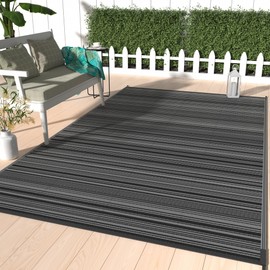 GENIMO Outdoor Rug for Patio Clearance, 9'x12' Waterproof Rugs, Lightweight Plastic Straw Carpet, Reversible Mats for Camping, Porch, Deck, Rv, Backyard, Camper, Balcony, Black & Grey