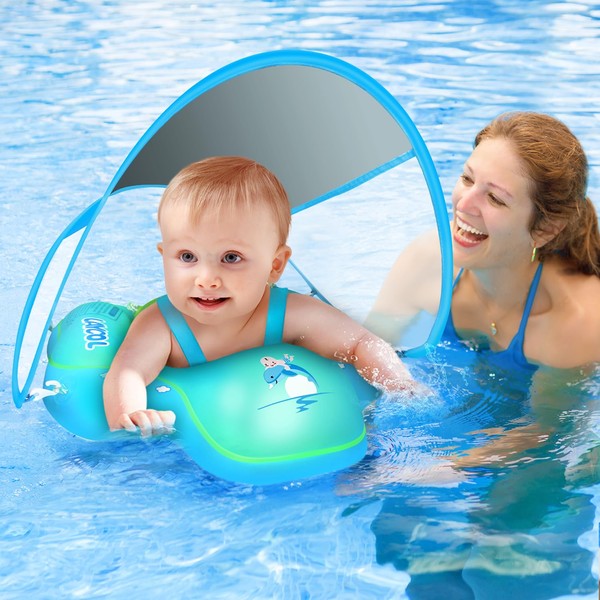 LAYCOL Baby Swimming Float Inflatable Baby Swim Float Newest with Sun Protection Canopy and a Float Ball, Baby Pool Float for Age of 3-36 Months(Blue,S)