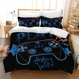 PQCXXA Gamepad Duvet Cover Single Microfiber Bedding Set, Kids Video Game Duvet Cover,Modern Gamer Gaming Controller Bedding Set for Boys Youth Teens Bedroom Decor (Black-blue, Single)