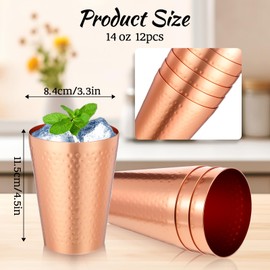 12 Pieces Aluminum Drink Cup, 14 oz Metal Hammered Copper Color Tumblers Set, Metal Cold Drink Glasses for Coffee Cocktail Beer Bar, Camping Travel Outdoors Supplies, Mirror Finish and Stackable