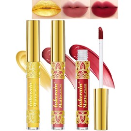 Matte Liquid Lipstick Kit-3Pcs Gold Nude Ruby Red Lipcolor Lip Tint Stain Lip Gloss,Longlosting Waterproof Lipstain Lipgloss,Makeup Gift for Women labiales mate 24 horas originales magicos-Set 05