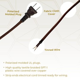 Royal Designs, Inc. Lamp Cord Molded Plug with Dimmer Switch, Stripped Ends Ready for Wiring, 8 ft long, Brown, SPT-1 UL Listed (CO-5001D-SL-8-1)