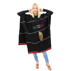 Leos Imports Lupita Virgen de Guadalupe Black Mexican Poncho - Unisex V-Neck Fringed Poncho