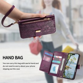 for Moto G 2026/2025 Case,Moto G Play 2026 Wallet Case,PU Leather Flip Cover with Card Slots Kickstand Zipper Coin Pocket,Floral Embossed PU Leather Protective Cover Purse Women Girls Deep Purple