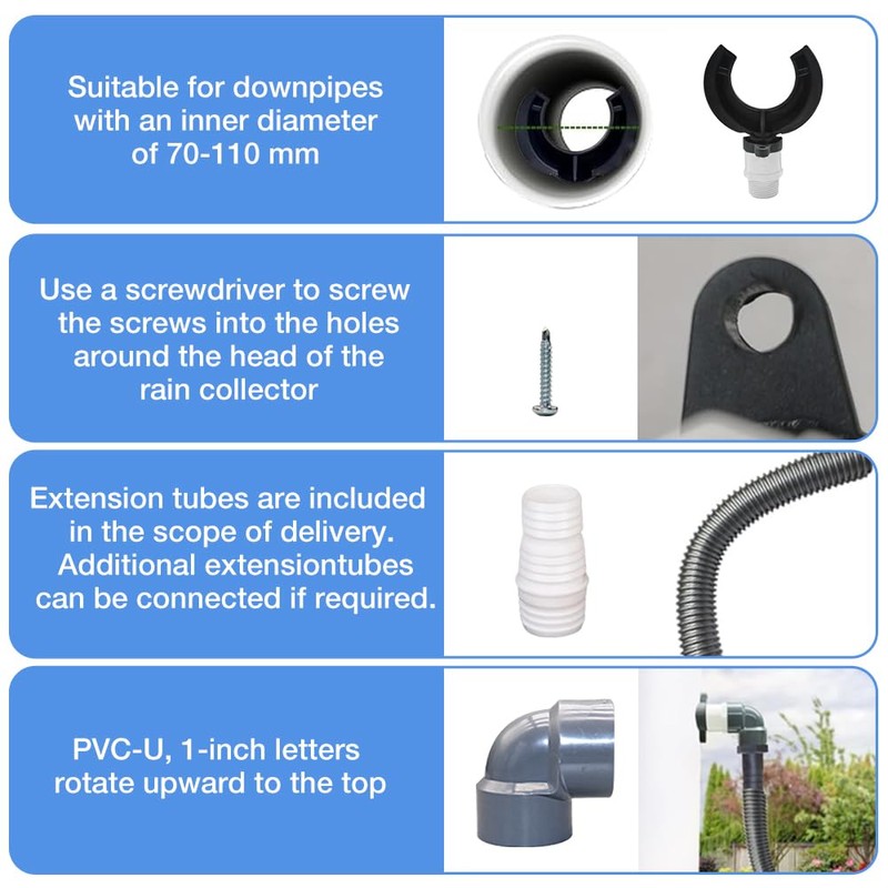 Rain Butt Connection Set, Rainwater Collector for Downpipes 70-100 mm,