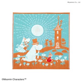 JIKAN STYLE Moomin Hankachi Handkerchief, Triple Gauze Handkerchief, Made in Japan, Front Gauze, Back Pile, 100% Cotton, Blue, Orange, Approx. 9.8 x 9.8 inches (25 x 25 cm), 05874 (Let's Go Home)