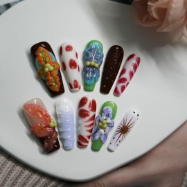 Tesytto Long Coffin Press On Nails with 3D Floral Design - Summer Multicolor Thick Luxury False Nails Reusable Acrylic Nails (Summer Stories,M)