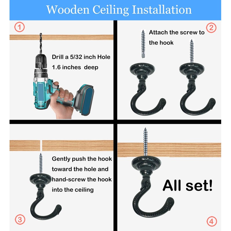 Evsteluo Heavy-Duty Ceiling Hooks 25–30 lbs Capacity with Hardware Kit