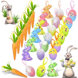 24 Pack Easter Egg Ornaments Easter Colorful Foam Bunny Ornaments Easter Hanging Egg Ornaments Glitter Artificial Carrots for Easter Tree Decorations Spring Party