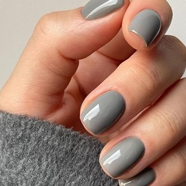 KQueenest Dark Gray Press On Nails Short - Acrylic Press On Nails With Glue, Sheer Stone Grey Short Fake Nails Press ons, Glossy Opaque, Reusable Soft Gel Glue on Nails for Women Gift, 24 Pcs