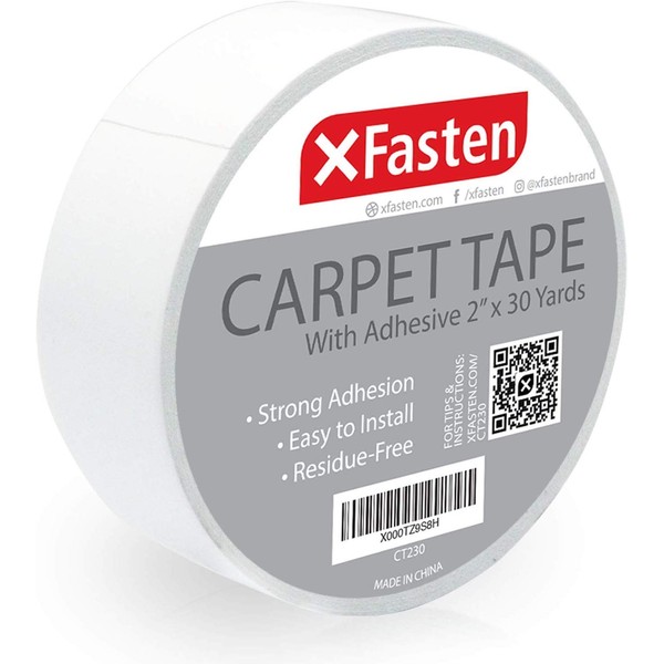 XFasten Double Sided Carpet Tape for Area Rugs, Residue-Free, 2-Inch x 30 Yards; Wood Super Strong and Heavy-Duty Rug Tape for Carpet to Floor and Rug to Carpet Applications