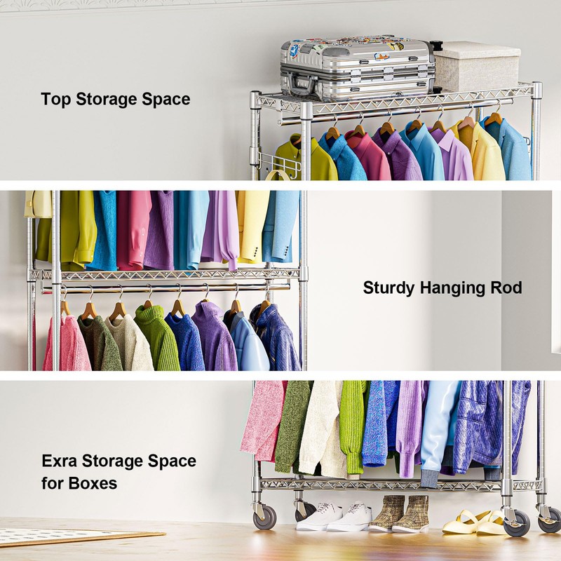 M MZG Heavy Duty Rolling Garment Rack 3 Tiers Adjustable