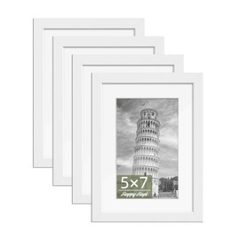 HappyHapi 5x7 Picture Frames, 4 Pack Photo Frames, Display Pictures 5x7 without Mat or 4x6 with Mat, Wall Hanging Photo Frame or Tabletop Display (White)