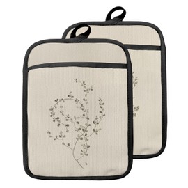 GOOZHO Neutral Botanical Pot Holders with Pockets, Vintage Cottagecore Beige Wildflower Oven Pot Holders Heat Resistant Oven Mitts Hot Pads for Kitchen Baking Cooking, Set of 2
