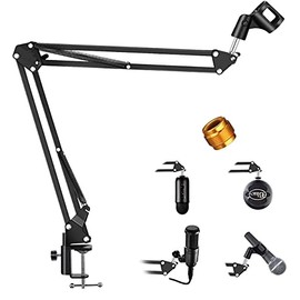 Soporte de Micrófono Adjustable con Brazo de Suspension Boom Tijera,BONKEEY Soporte de Micrófono,Adaptador de Tornillo de 3/8 Pulgadas a 5/8 Pulgadas,Kit de Micrófono para Transmisión Canto Televisión