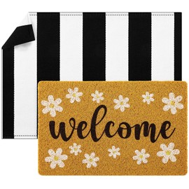 Honoson 2 Pcs Welcome Doormat Daisy Doormat Funny Summer Doormat Black and White Stripe Doormat Front Door Decoration with Non-slip Backing Rug for Housewarming Gift Home Kitchen Indoor Outdoor