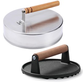 FuPatio Basting Cover and Cast Iron Grill Press, 8.2" Stainless Steel Melting Dome with 7" Cast Iron Burger Press for Flat Top Grill Griddle, Heat Resistant Wood Handle, Dishwasher Safe