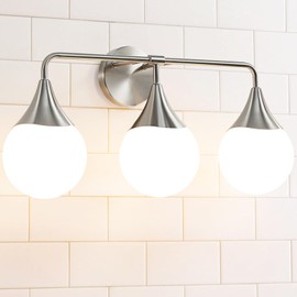 HAHZT Bathroom Vanity Light Fixtures: Brushed Nickel 3-Light Mid Century Modern Bathroom Lighting Fixtures Over Mirror - Wall Sconce with Milky White Globe Glass for Bath Living Room