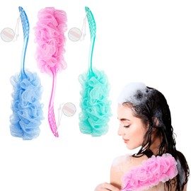 3pc Loofah Set - Long Loofah Stick, Shower Scrubber with Long Handle and Loop for Easy Hanging, Exfoliating Body Scrubber Value Pack