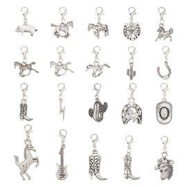AHANDMAKER Pack of 20 Western Cowboy Pendants with Swivel Clasps Made of Alloy for Jewellery Making. Antique Silver Cowboy Boot Hat Horse Pendant Western Pendant, Alloy Steel