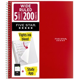 Five Star Spiral Notebook + Study App, 5 Subject, Wide Ruled Paper, 8" x 10-1/2", 200 Sheets, Fights Ink Bleed, Water Resistant Cover, Fire Red (72041)