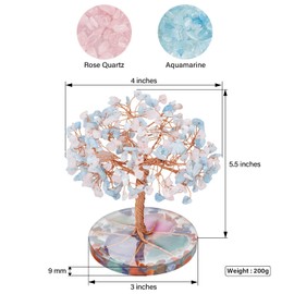 ZenBless 7 Chakra Healing Crystals Stones Tree, Pink Crystal and Aquamarine Leaf Wire Wrapped on Natural Agate Slice Base, Home Office Desk Living Room Feng Shui Decoration for Wealth and Luck