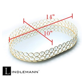 Lindlemann Mirrored Crystal Vanity Tray - Ornate Decorative Tray for Perfume, Jewelry and Makeup (Oval, 14 x 10 inches, Gold)