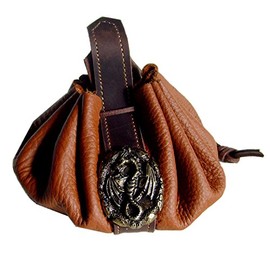 Leather Bag Ducat Bag Money Cat Round Leather Colour Brown / Black Decorative Rivets Dragon Amulet Leather Bag Diameter 28 cm, brown-black, Contemporary