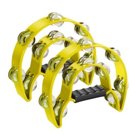 Flexzion Tambourine Metal Half Moon Musical Instruments Double Row Metal Jingles Hand Held Instruments Percussion with Ergonomic Handle Grip, Tambourines for Adults, 2 Packs - Yellow