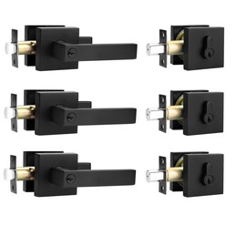 Probrico Flat Black Square Entry Levers Locksets and Single Cylinder Deadbolts Combination Set, Heavy Duty Front Door Office Entrance Levers, 3 Pack Keyed Alike(All Same Keys)