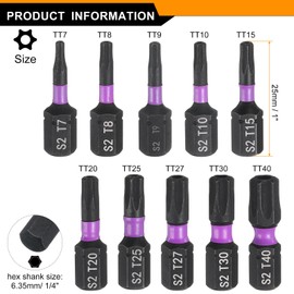 HARFINGTON 10pcs TT7-TT40 Torx Screwdriver Bit 1/4" Hex Shank 25mm/1" Length Magnetic Star 6 Point Head Hex Bits S2 Steel Screw Driver Bit with Hole Industrial Grade Electric Drill Bits