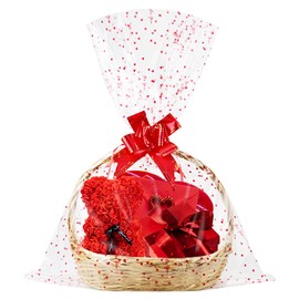 Yotelab Large Cellophane Bags, Red Heart Cellophane Wrap for Gift Basket, 22x33 Inches,10 Pieces Cellophane Gift Bags