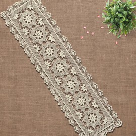 Yizunnu Handmade Crochet Lace Cotton Beige Table Runner Wedding Parting Dining Table Runner (16"x71")