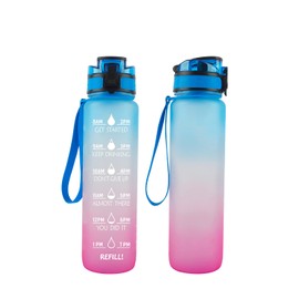 32 OZ Water Bottle with Time Markings Tritan BPA Free Reusable 1 Liter Sports Water Jug Daily Water Intake Bottle (Blue/Pink)