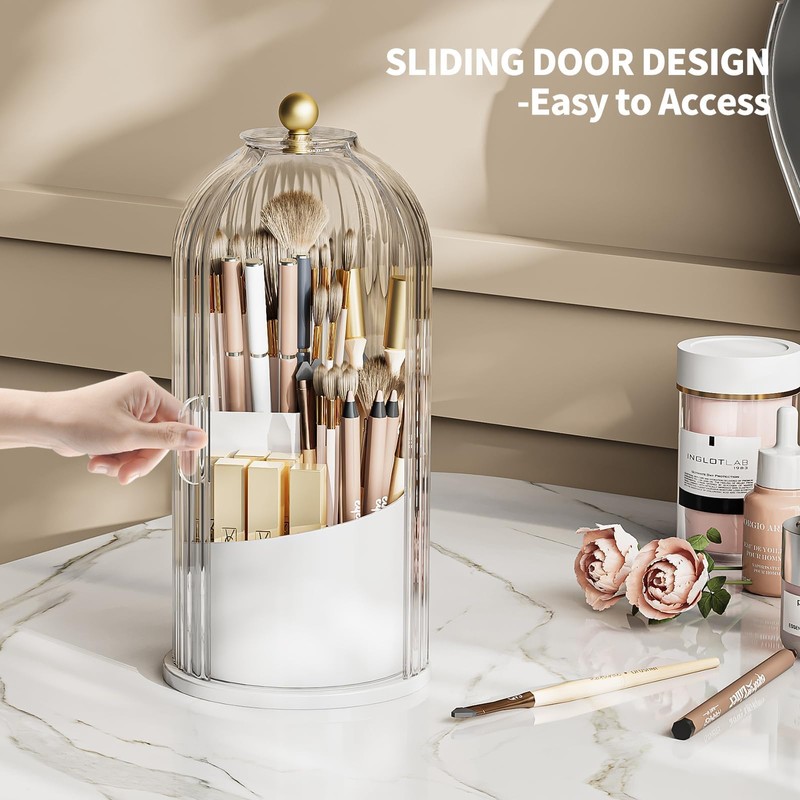 STORICANS Makeup Brush Holder Rotating Organiser with Clear Lid，Sliding Opening