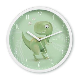Hama Cebu Children's Wall Clock (No Ticking Noises, Analogue Quartz Clock, Low Noise, Diameter 25 cm, Dinosaur Motif, for Children's Room, Dinosaur Clock, with Hour, Minute and Second Hands, Includes
