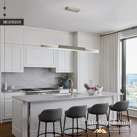 CaraLuxe 52in LED Linear Pendant Light Nickel Chandelier Dimmable Kitchen Island Light with Remote Control Modern Grey Wood Chandelier Light for Dining Room Home Office Study Bar