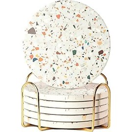 Ehigta Coasters Set of 6, Coasters for Drinks Absorbent Stone with Holder, Black Marble Style Ceramic Drink Coaster for Tabletop Protection, Coffee Table Decor