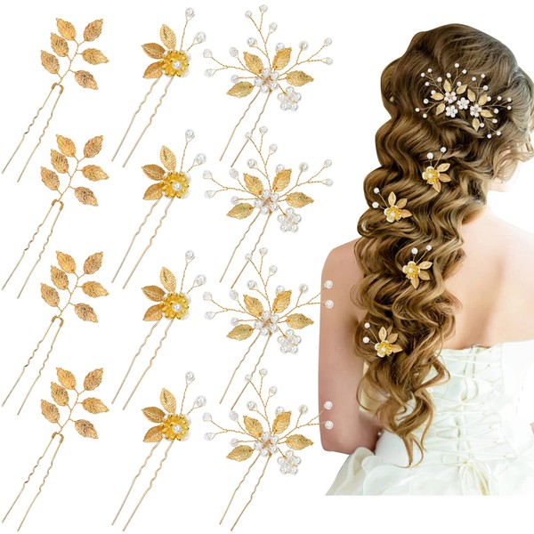 inSowni 12 Pack Wedding Prom Party Decorative Gold Hair Pins with Leaf Flower Leaves Pearl Hair Clips Bridal Headpieces Formal Hair Accessories for Brides Bridesmaids Women Flower Girls