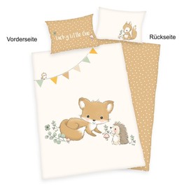 Herding Waldfreunde Bed Linen Set, Made in Green by Oeko Tex, Pillowcase Approx. 40 x 60 cm, Duvet Cover Approx. 135 x 100 cm, with Button Closure, 100% Cotton/Flannel, White/Brown