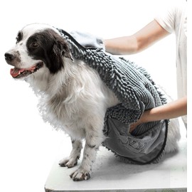 Tuff Pupper Quick Dry Towel for Dogs | Ultra Absorbent Microfiber Shammy | Extra Large 35x15 Size Dog Bath Towel | Comfortable Hand Pockets | Indoor Outdoor Use | Durable Material | Machine Washable
