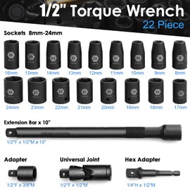 YIYEIE 22PCS Torque Wrench Set 1/2" Drive, 10-180 ft.lb/13.6-244.1 Nm, Click Torque Wrench with Impact Sockets, 1 ft.lbs Micro, 72-Tooth Ratchet, Quick Release Head, Master Torque Tool for Car Repair