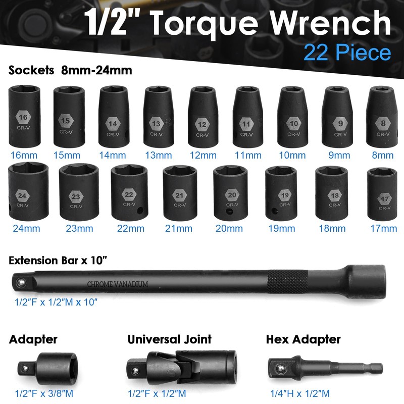 YIYEIE 22PCS Torque Wrench Set 1/2" Drive, 10-180 ft.lb/13.6-244.1 Nm,