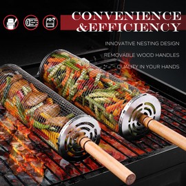 Bitlaintab Nesting Grill Baskets, Removable Wood Handles, Rolling Grill Baskets Set for Outdoor Grilling Vegetables, Seafood, and Meat, Thickened 304 Stainless Steel, Ideal for BBQ Enthusiasts and Camping Trips(2PC)