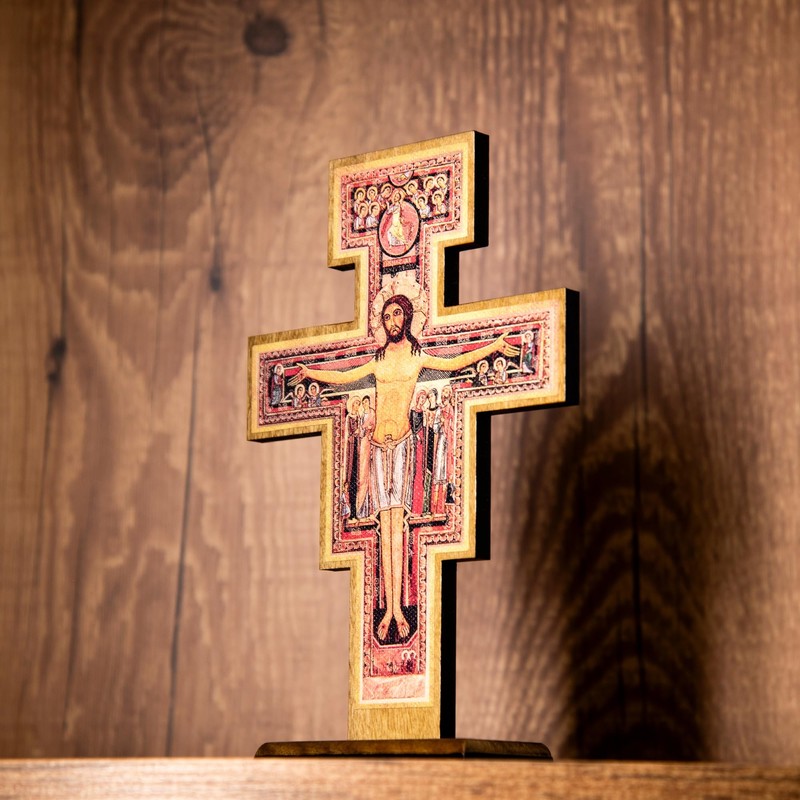 Intercession San Damiano Standing Wood Cross Crucifix
