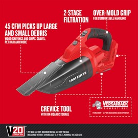 Craftsman Hand Vacuum, Cordless, 120 Watts, 45 CFM, 2-Stage Filtration System with Filter, Bare Tool Only (CMCVH001B)