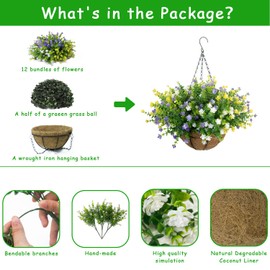 BCBLF Artificial Hanging Flowers Basket, 12 UV-Resistant Bundles of Realistic Fake Flowers, Faux Plants for Outdoor Decor, Home, Garden, Porch, Patio, Spring & Summer Decorations, Yellow Purple White