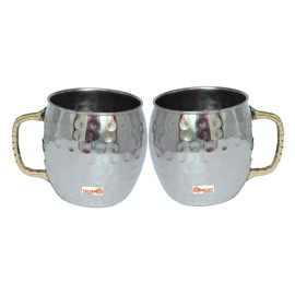 PARIJAT HANDICRAFT - Juego de 2 tazas de acero inoxidable Moscú Mule de capacidad de 16 onzas con mango de latón aislado para taza de café